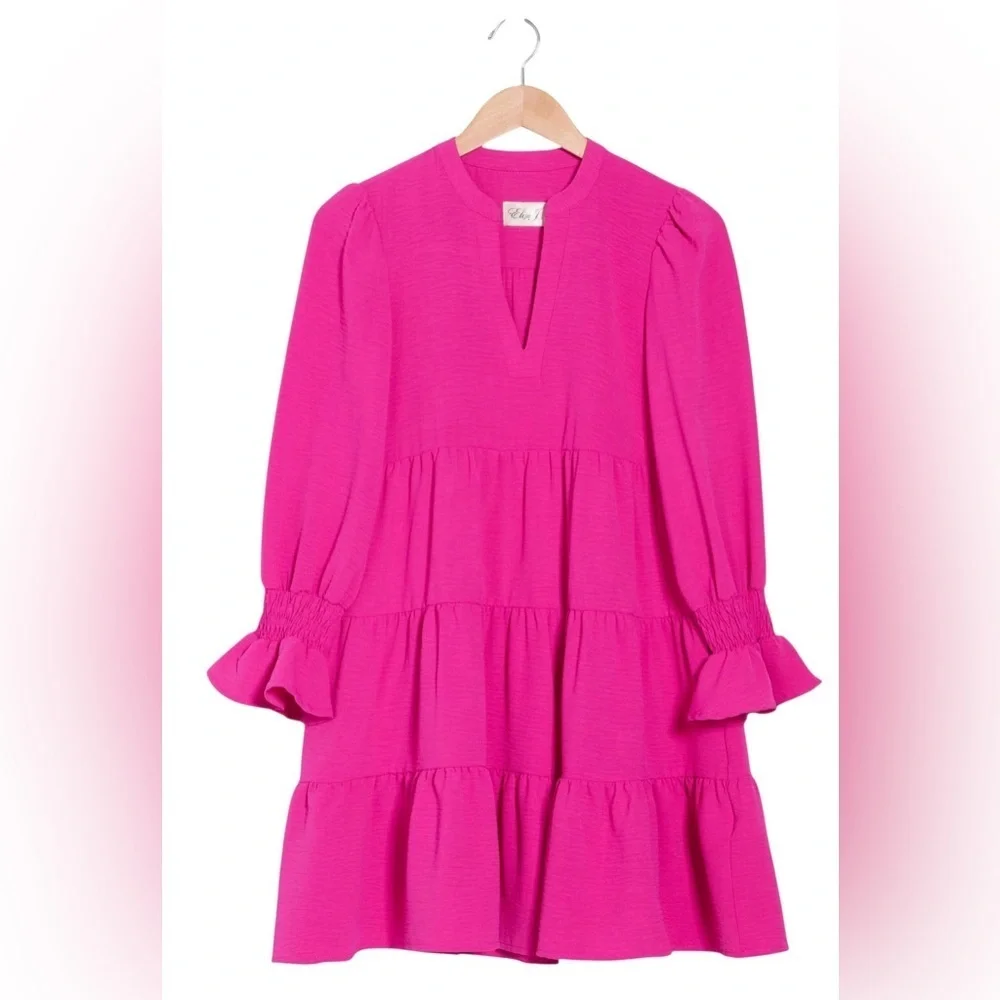 Eliza J Vibrant Hot Pink Long Sleeve Tiered Dress NWT 8